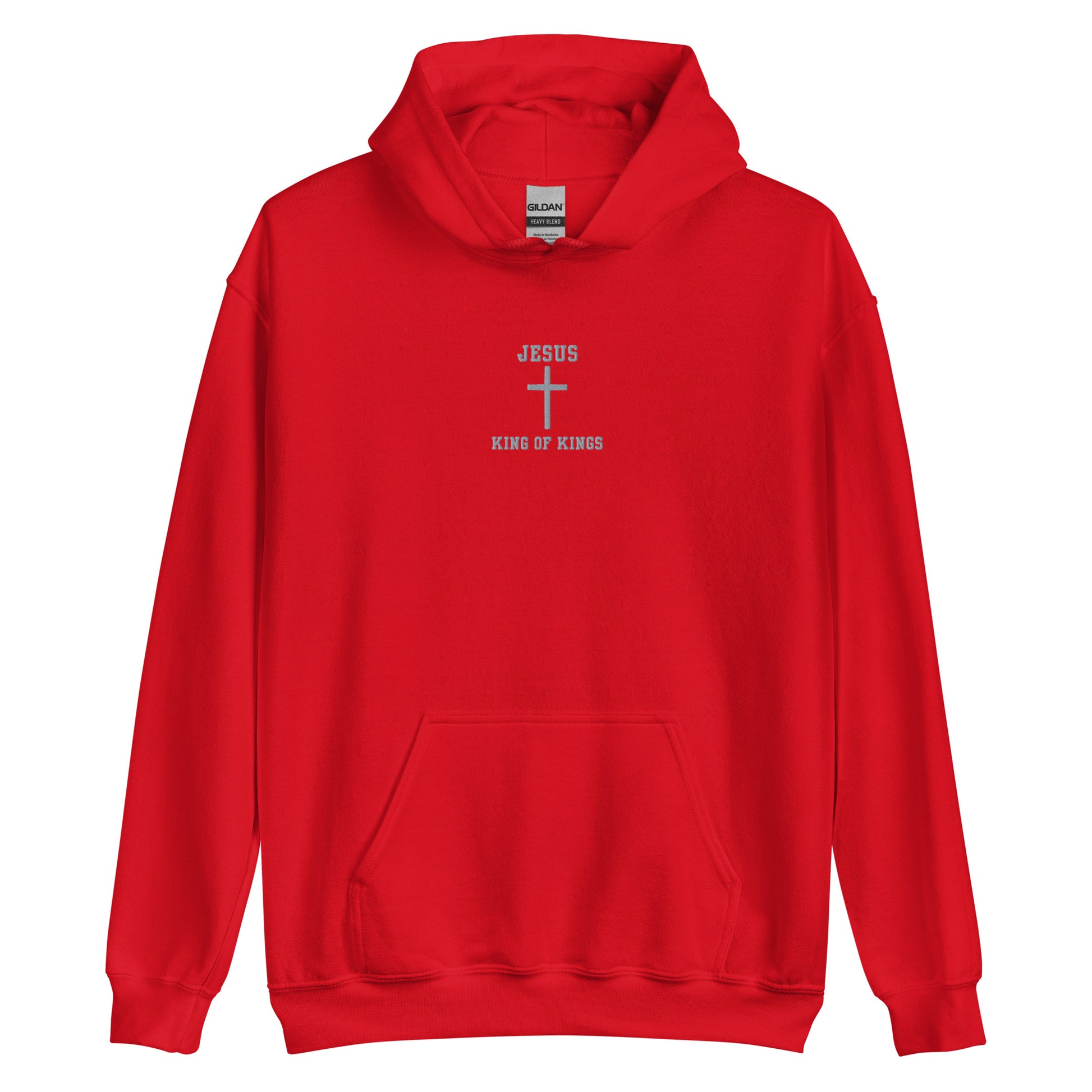 On the front of this custom embroidered unisex hooded sweatshirt are the words Jesus King of Kings with a Jesus cross in the center embroidered into the upper middle of the hoodie in silver thread.