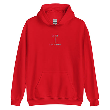 On the front of this custom embroidered unisex hooded sweatshirt are the words Jesus King of Kings with a Jesus cross in the center embroidered into the upper middle of the hoodie in silver thread.