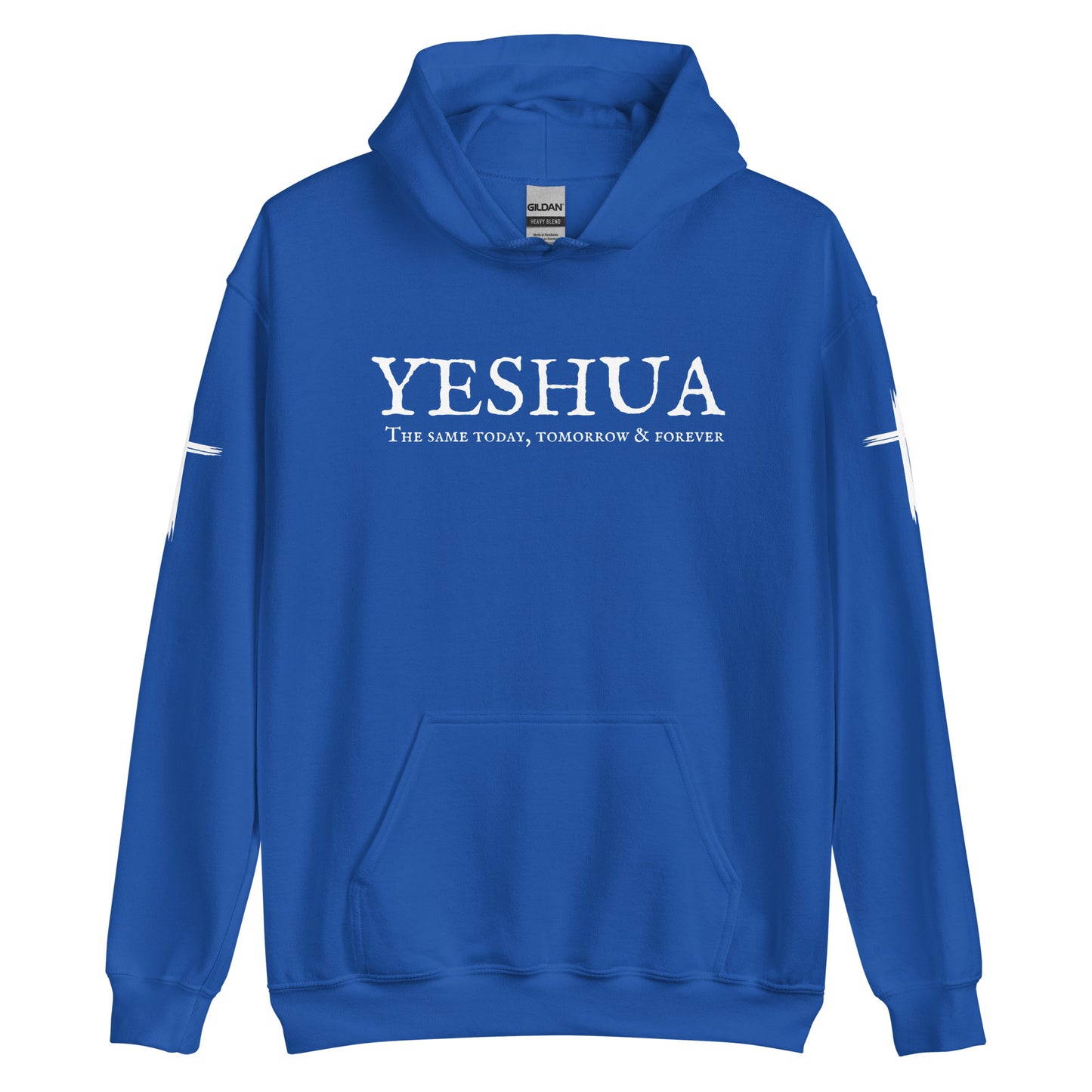A custom handmade unisex Christian hooded sweater, on the front of the hoodie in white are the words Yeshua the same today, tomorrow and forever in an old style font, there is also a white Jesus cross on both sleeves of the hooded sweater right at the elbows.