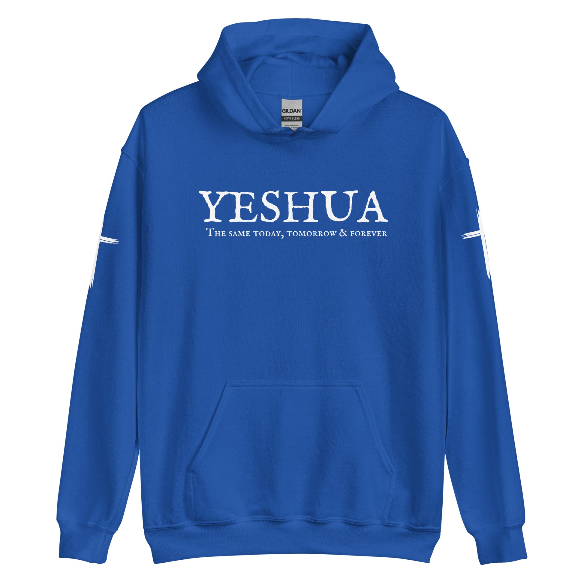 A custom handmade unisex Christian hooded sweater, on the front of the hoodie in white are the words Yeshua the same today, tomorrow and forever in an old style font, there is also a white Jesus cross on both sleeves of the hooded sweater right at the elbows.