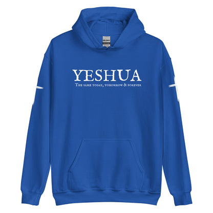 A custom handmade unisex Christian hooded sweater, on the front of the hoodie in white are the words Yeshua the same today, tomorrow and forever in an old style font, there is also a white Jesus cross on both sleeves of the hooded sweater right at the elbows.