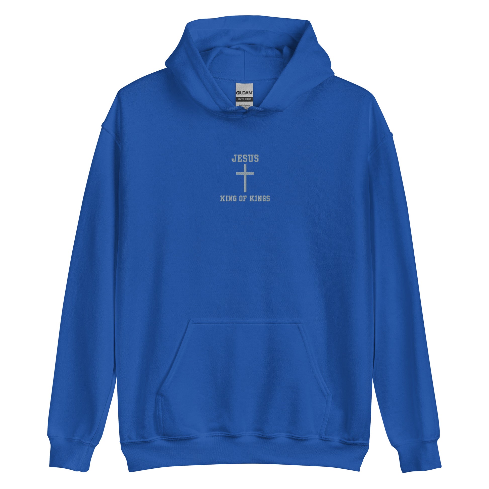 On the front of this custom embroidered unisex hooded sweatshirt are the words Jesus King of Kings with a Jesus cross in the center embroidered into the upper middle of the hoodie in silver thread.
