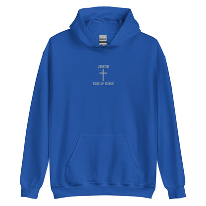 On the front of this custom embroidered unisex hooded sweatshirt are the words Jesus King of Kings with a Jesus cross in the center embroidered into the upper middle of the hoodie in silver thread.