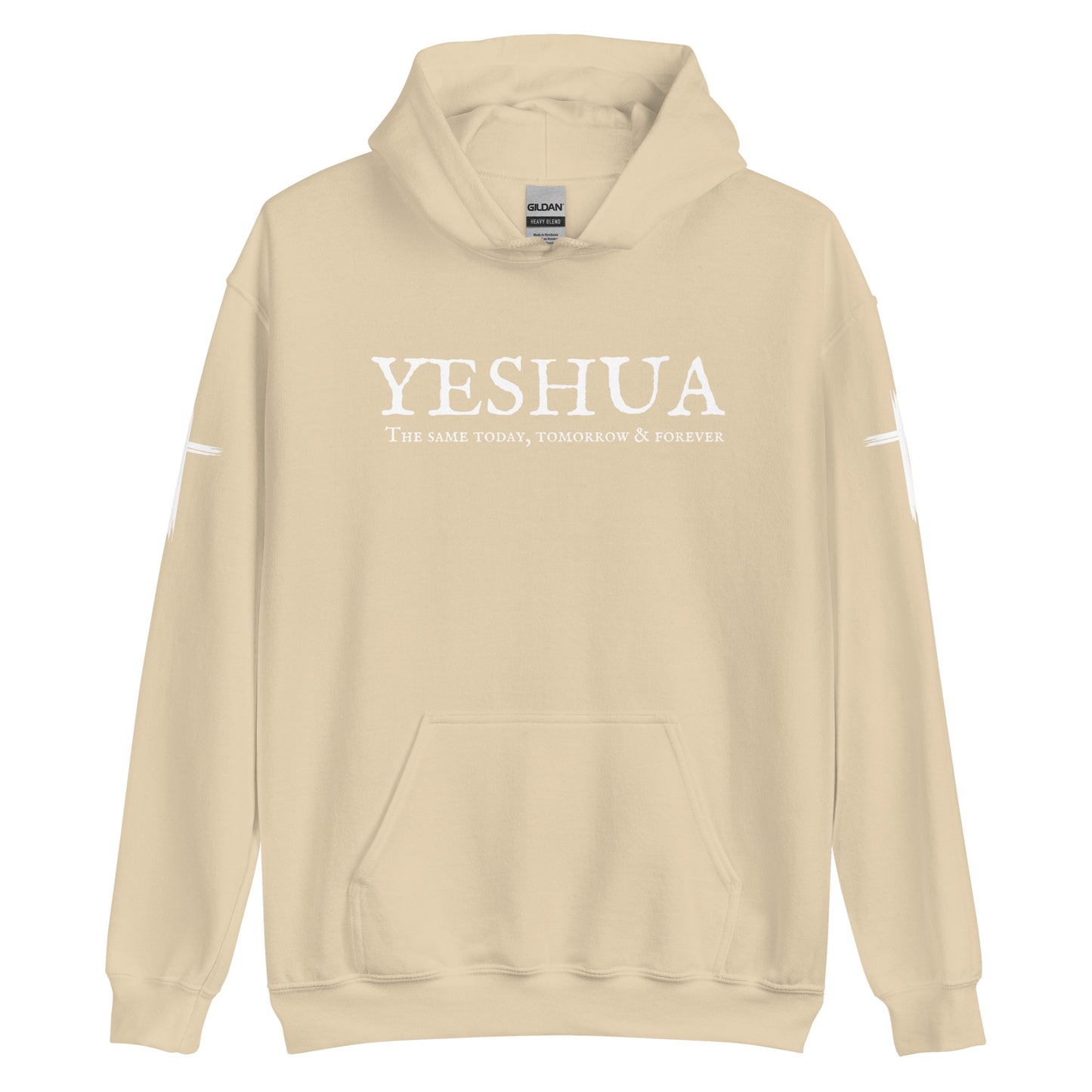 A custom handmade unisex Christian hooded sweater, on the front of the hoodie in white are the words Yeshua the same today, tomorrow and forever in an old style font, there is also a white Jesus cross on both sleeves of the hooded sweater right at the elbows.