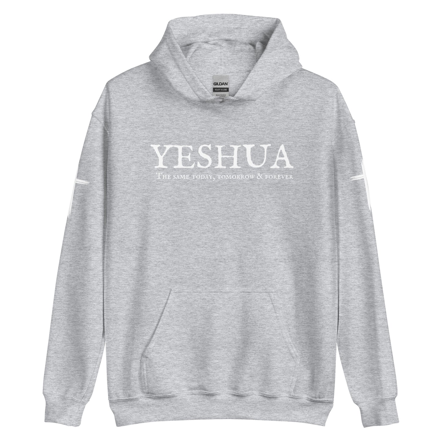 A custom handmade unisex Christian hooded sweater, on the front of the hoodie in white are the words Yeshua the same today, tomorrow and forever in an old style font, there is also a white Jesus cross on both sleeves of the hooded sweater right at the elbows.