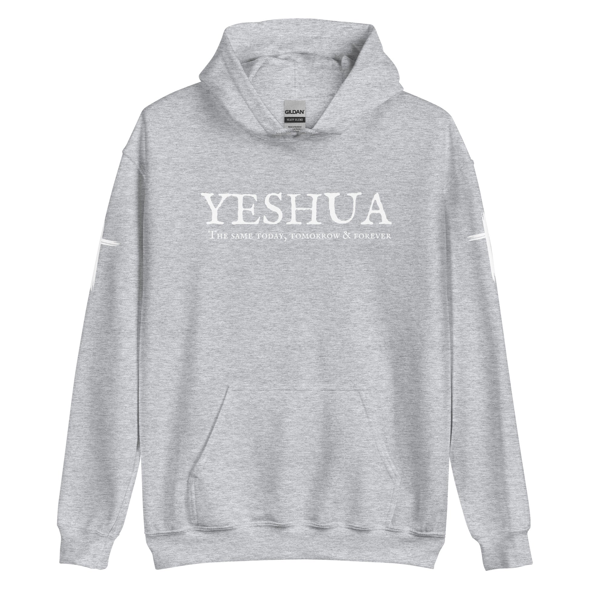 A custom handmade unisex Christian hooded sweater, on the front of the hoodie in white are the words Yeshua the same today, tomorrow and forever in an old style font, there is also a white Jesus cross on both sleeves of the hooded sweater right at the elbows.
