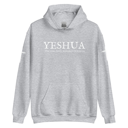 A custom handmade unisex Christian hooded sweater, on the front of the hoodie in white are the words Yeshua the same today, tomorrow and forever in an old style font, there is also a white Jesus cross on both sleeves of the hooded sweater right at the elbows.