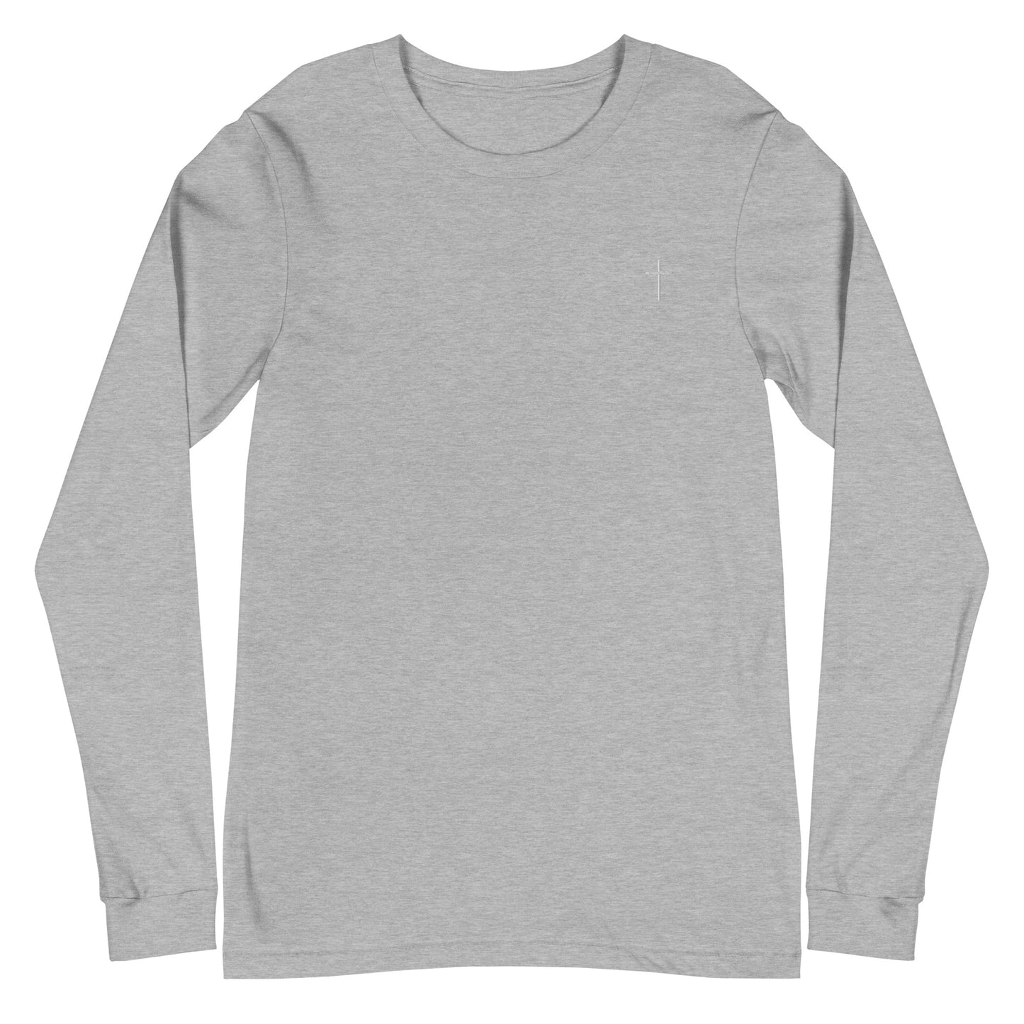 A classic unisex long sleeve Christian t-shirt features an embroidered white cross on the upper left chest of the shirt.