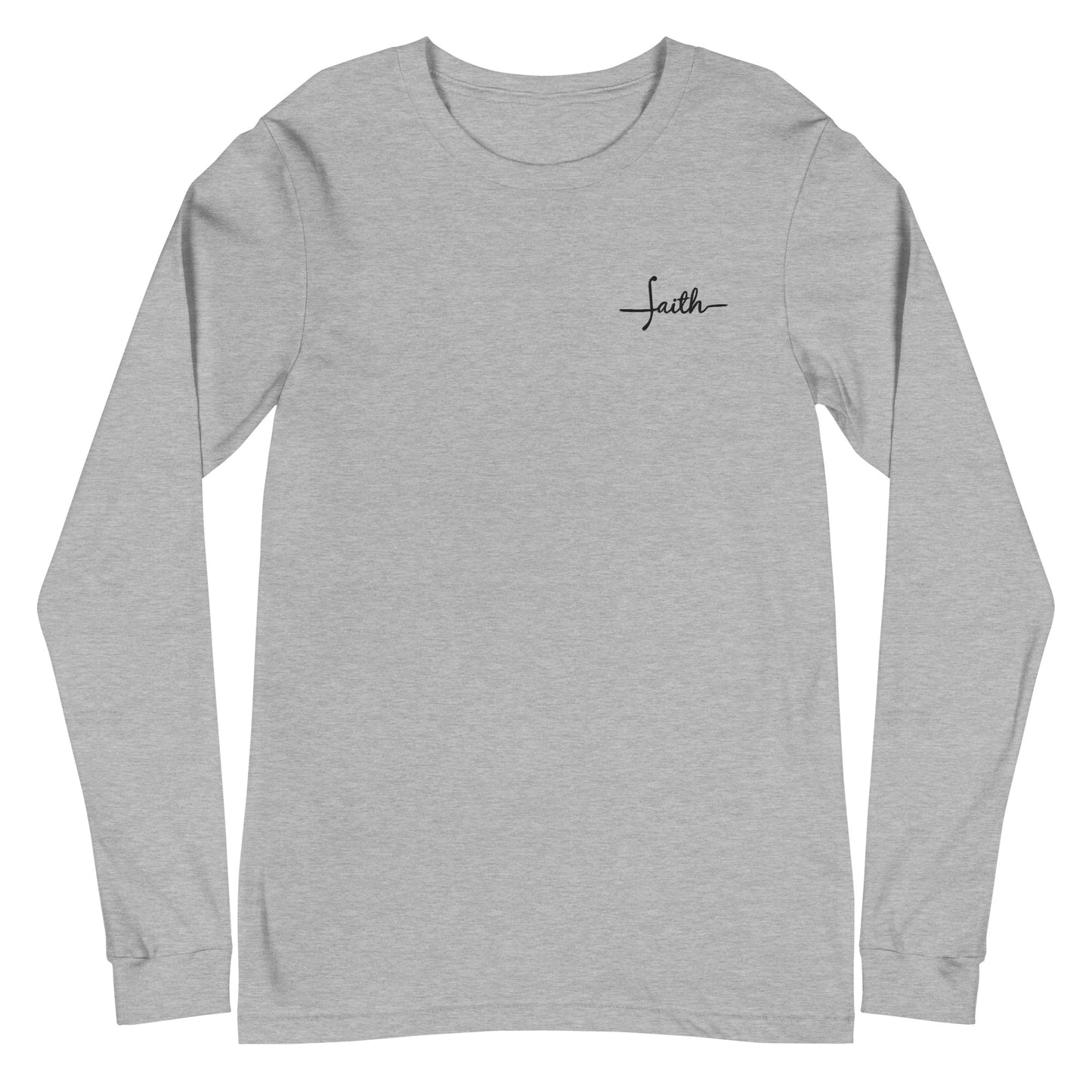 This custom Christian long sleeve t-shirt has the word Faith embroidered in black thread on the top left chest, the word faith is embroidered in a cursive font.