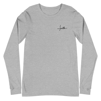 This custom Christian long sleeve t-shirt has the word Faith embroidered in black thread on the top left chest, the word faith is embroidered in a cursive font.