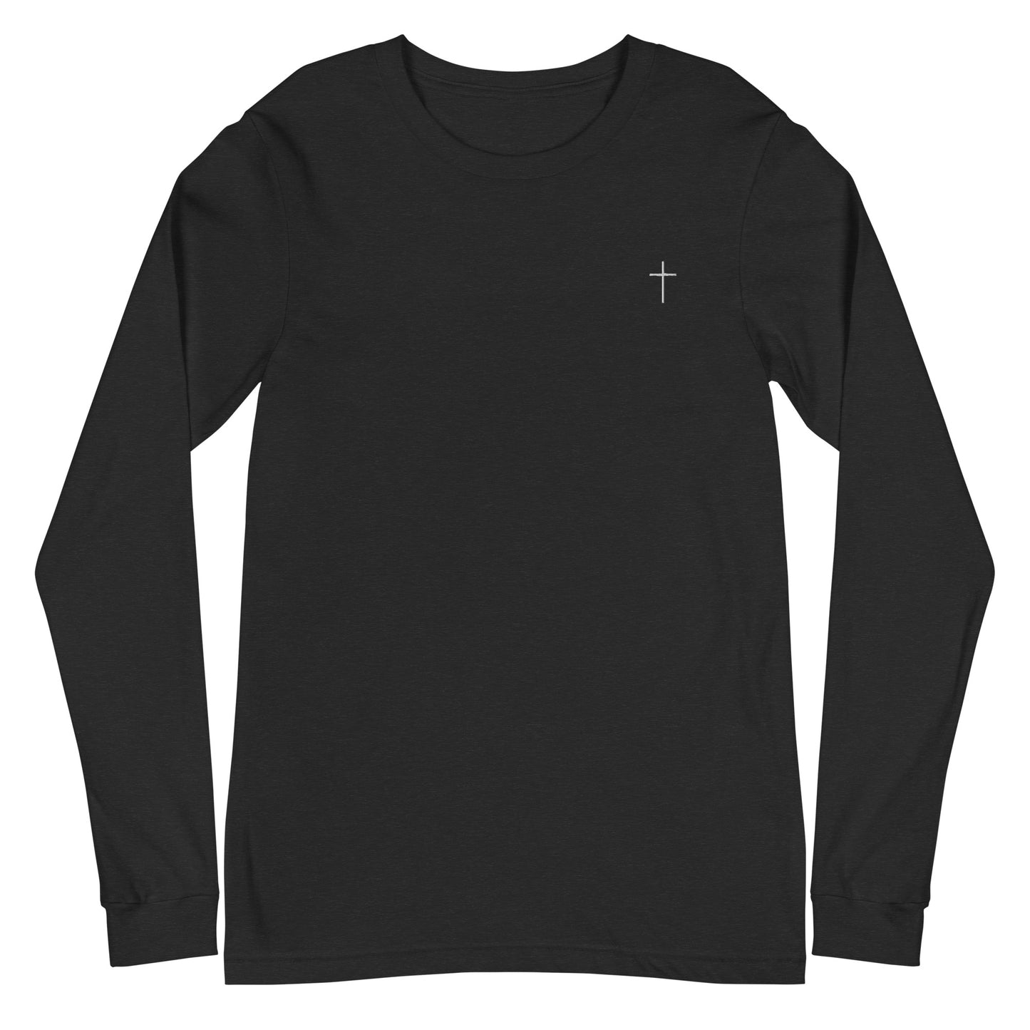 A classic unisex long sleeve Christian t-shirt features an embroidered white cross on the upper left chest of the shirt.
