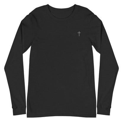 A classic unisex long sleeve Christian t-shirt features an embroidered white cross on the upper left chest of the shirt.