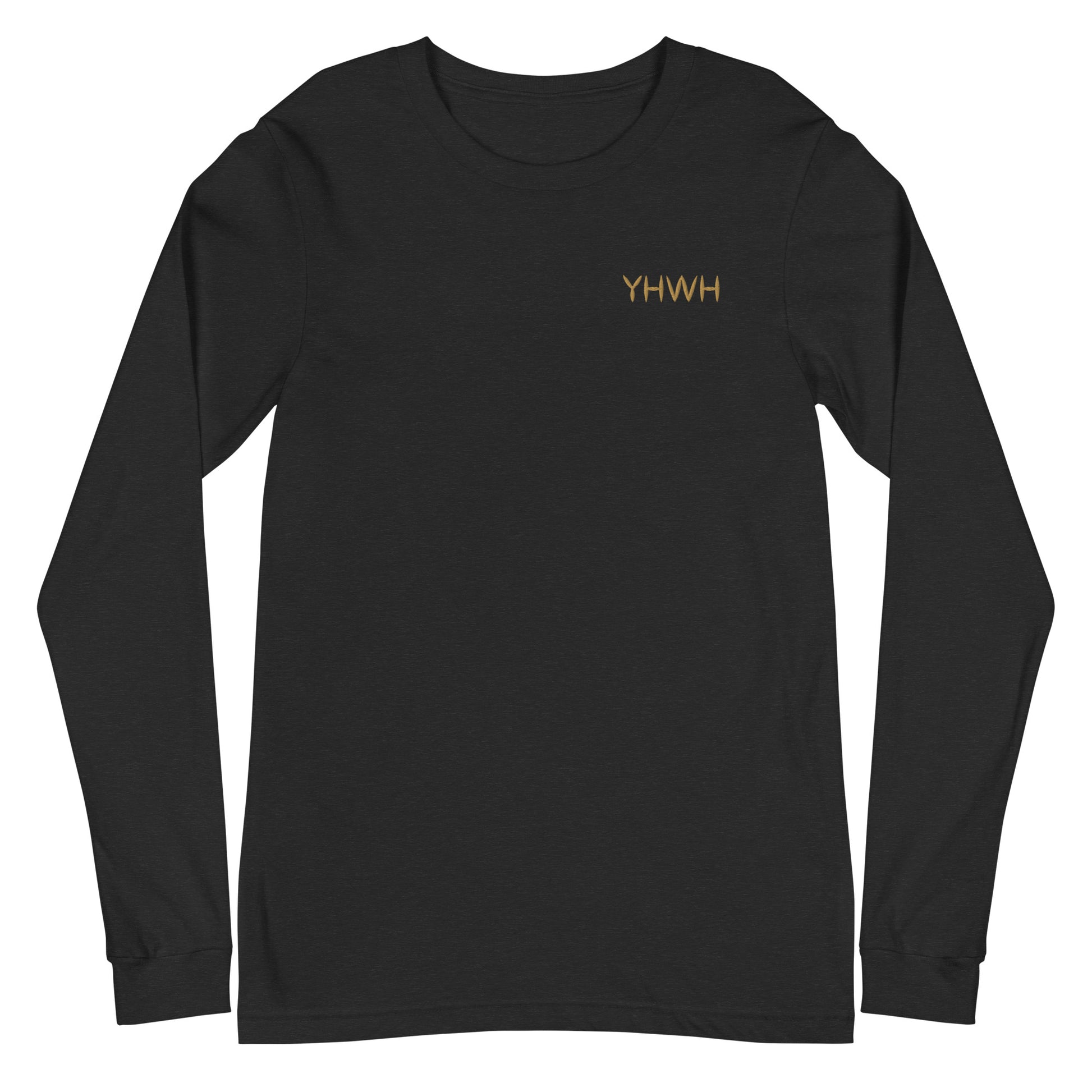 This custom embroidered Christian long sleeve t-shirt features the letters YHWH embroidered on the top left chest in gold thread, giving a touch of elegance to a classic look.
