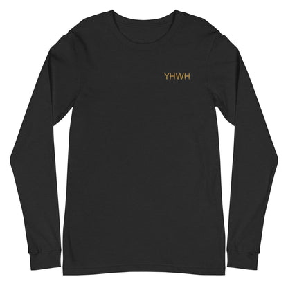 This custom embroidered Christian long sleeve t-shirt features the letters YHWH embroidered on the top left chest in gold thread, giving a touch of elegance to a classic look.