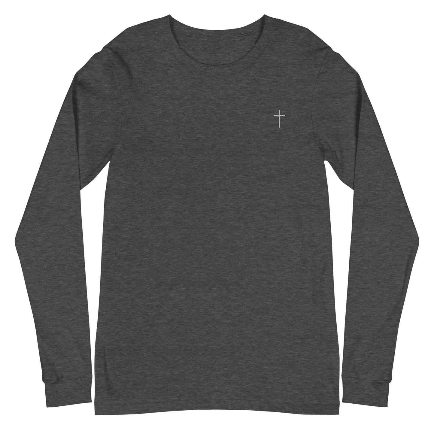 A classic unisex long sleeve Christian t-shirt features an embroidered white cross on the upper left chest of the shirt.