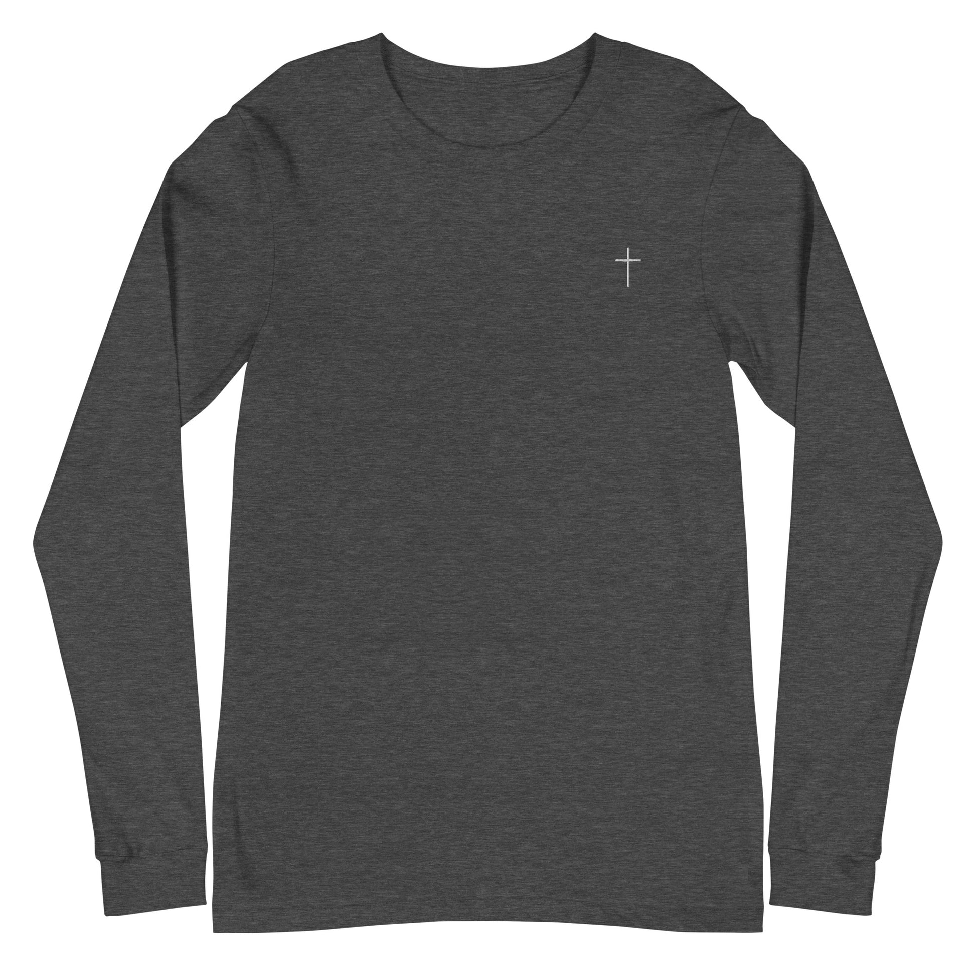 A classic unisex long sleeve Christian t-shirt features an embroidered white cross on the upper left chest of the shirt.