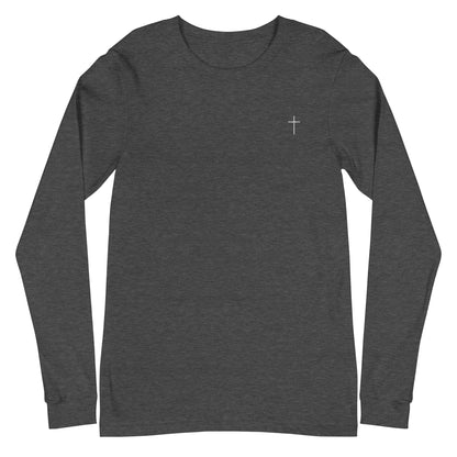 A classic unisex long sleeve Christian t-shirt features an embroidered white cross on the upper left chest of the shirt.