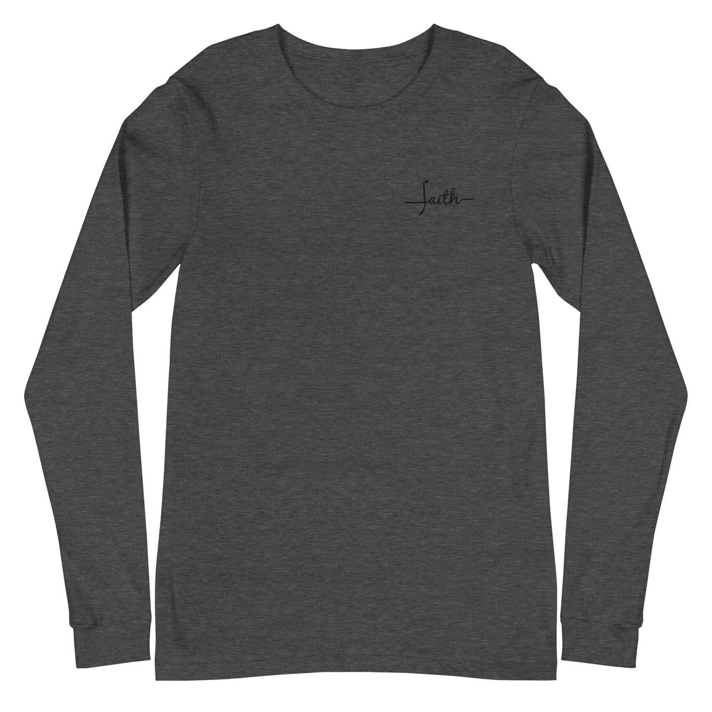 This custom Christian long sleeve t-shirt has the word Faith embroidered in black thread on the top left chest, the word faith is embroidered in a cursive font.