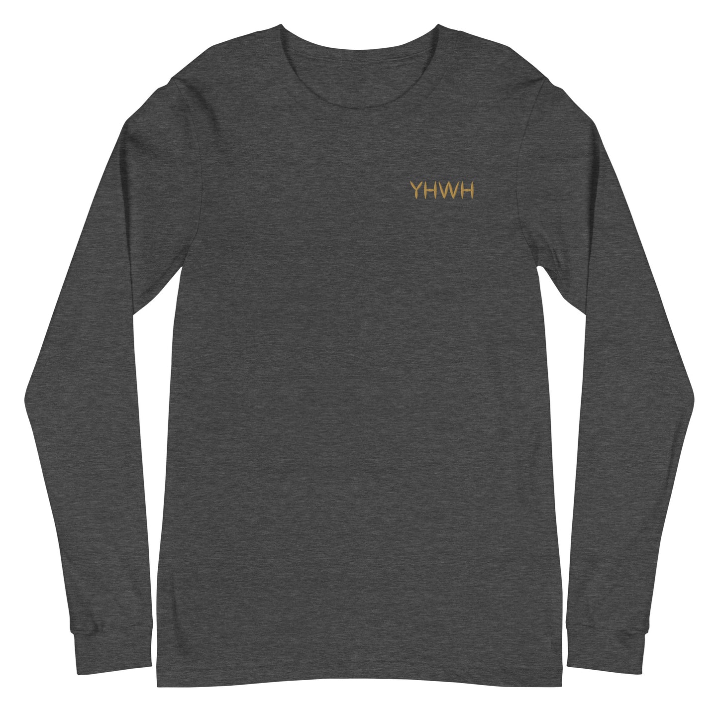 This custom embroidered Christian long sleeve t-shirt features the letters YHWH embroidered on the top left chest in gold thread, giving a touch of elegance to a classic look.