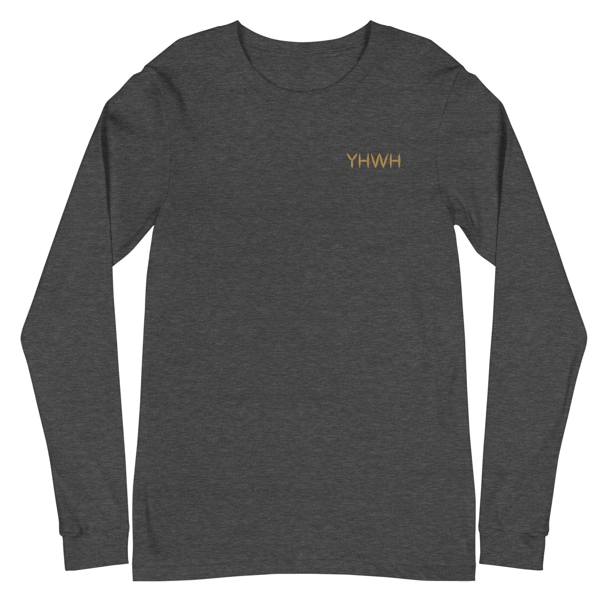 This custom embroidered Christian long sleeve t-shirt features the letters YHWH embroidered on the top left chest in gold thread, giving a touch of elegance to a classic look.