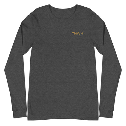 This custom embroidered Christian long sleeve t-shirt features the letters YHWH embroidered on the top left chest in gold thread, giving a touch of elegance to a classic look.