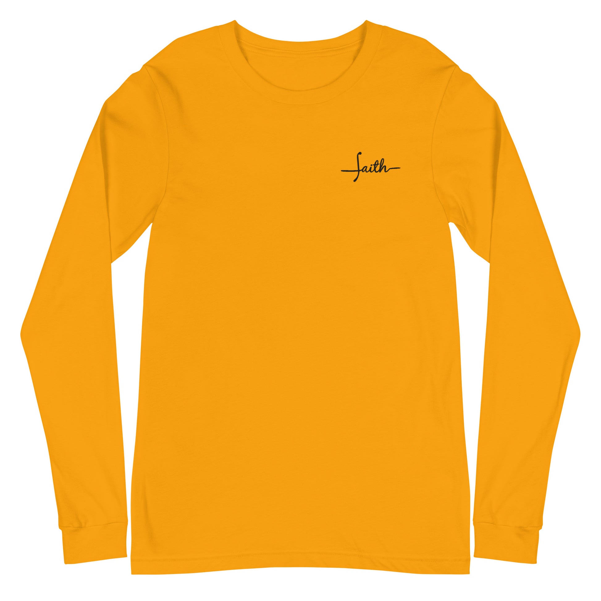 This custom Christian long sleeve t-shirt has the word Faith embroidered in black thread on the top left chest, the word faith is embroidered in a cursive font.
