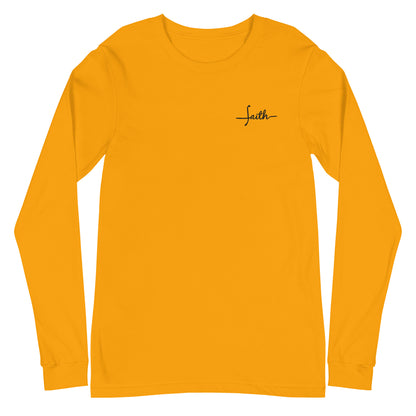 This custom Christian long sleeve t-shirt has the word Faith embroidered in black thread on the top left chest, the word faith is embroidered in a cursive font.
