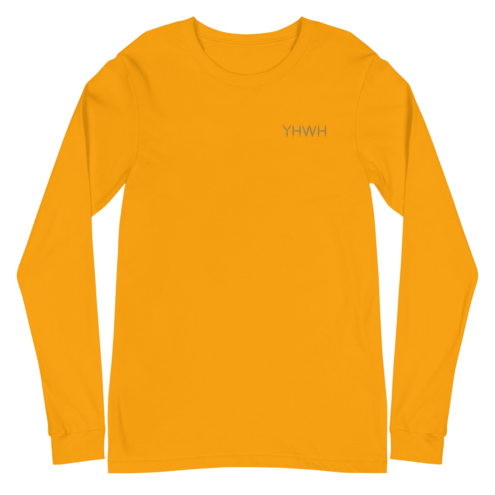 This custom embroidered Christian long sleeve t-shirt features the letters YHWH embroidered on the top left chest in gold thread, giving a touch of elegance to a classic look.