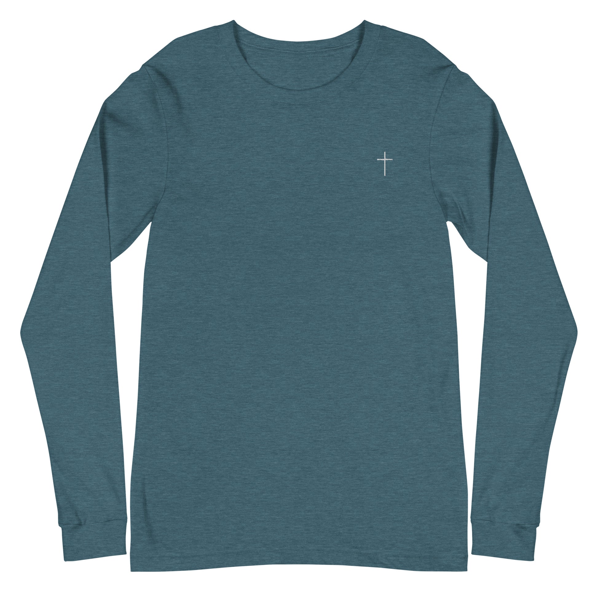 A classic unisex long sleeve Christian t-shirt features an embroidered white cross on the upper left chest of the shirt.