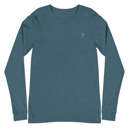 A classic unisex long sleeve Christian t-shirt features an embroidered white cross on the upper left chest of the shirt.