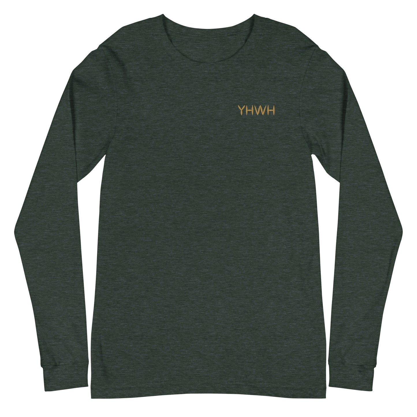 This custom embroidered Christian long sleeve t-shirt features the letters YHWH embroidered on the top left chest in gold thread, giving a touch of elegance to a classic look.