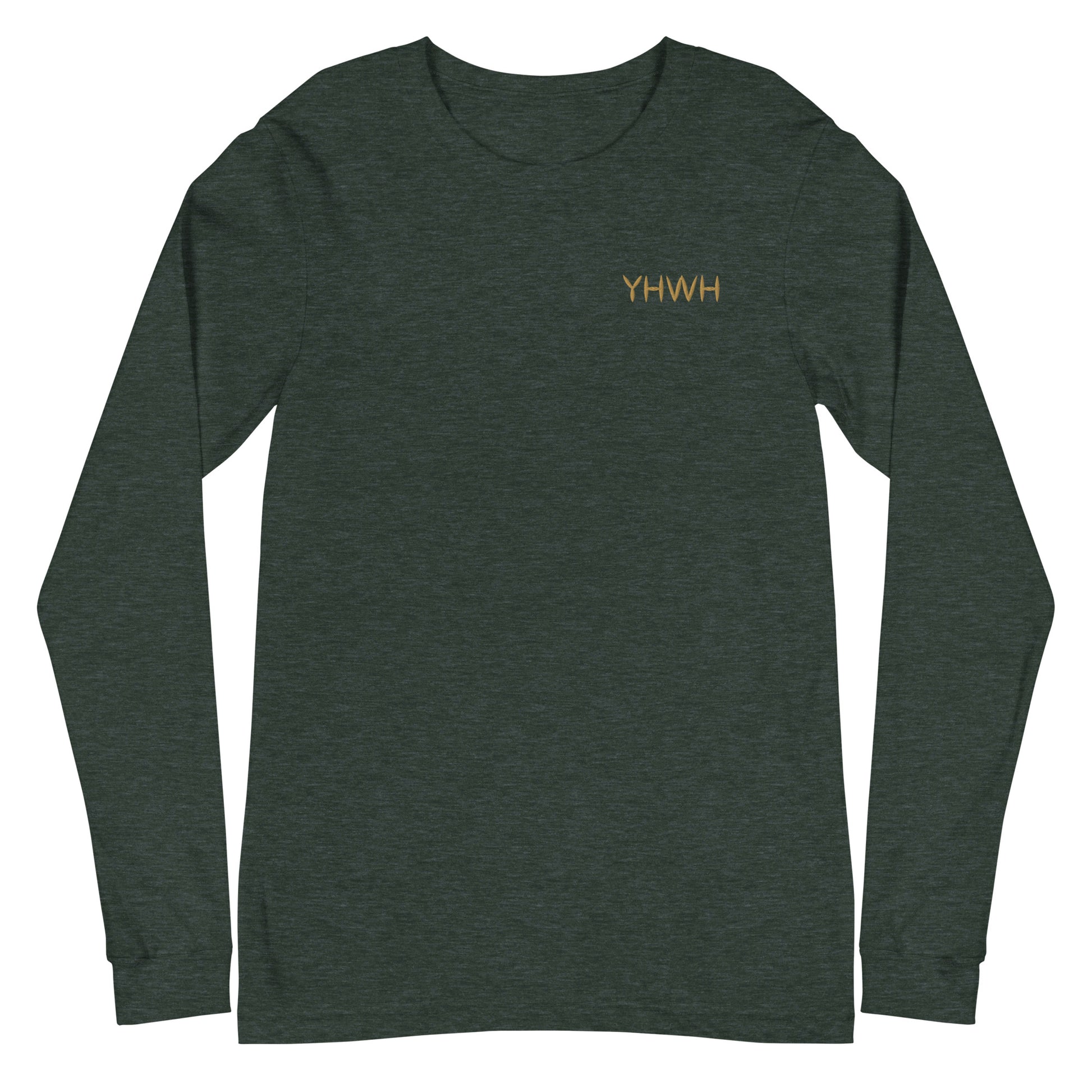 This custom embroidered Christian long sleeve t-shirt features the letters YHWH embroidered on the top left chest in gold thread, giving a touch of elegance to a classic look.