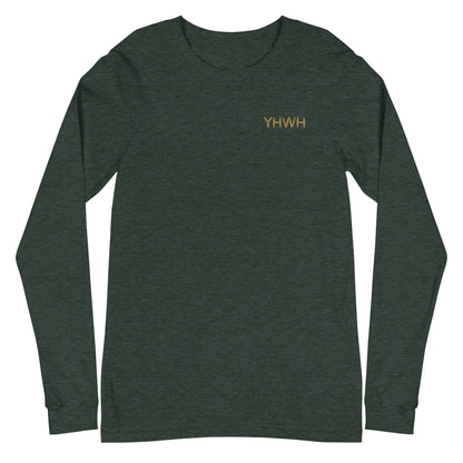 This custom embroidered Christian long sleeve t-shirt features the letters YHWH embroidered on the top left chest in gold thread, giving a touch of elegance to a classic look.