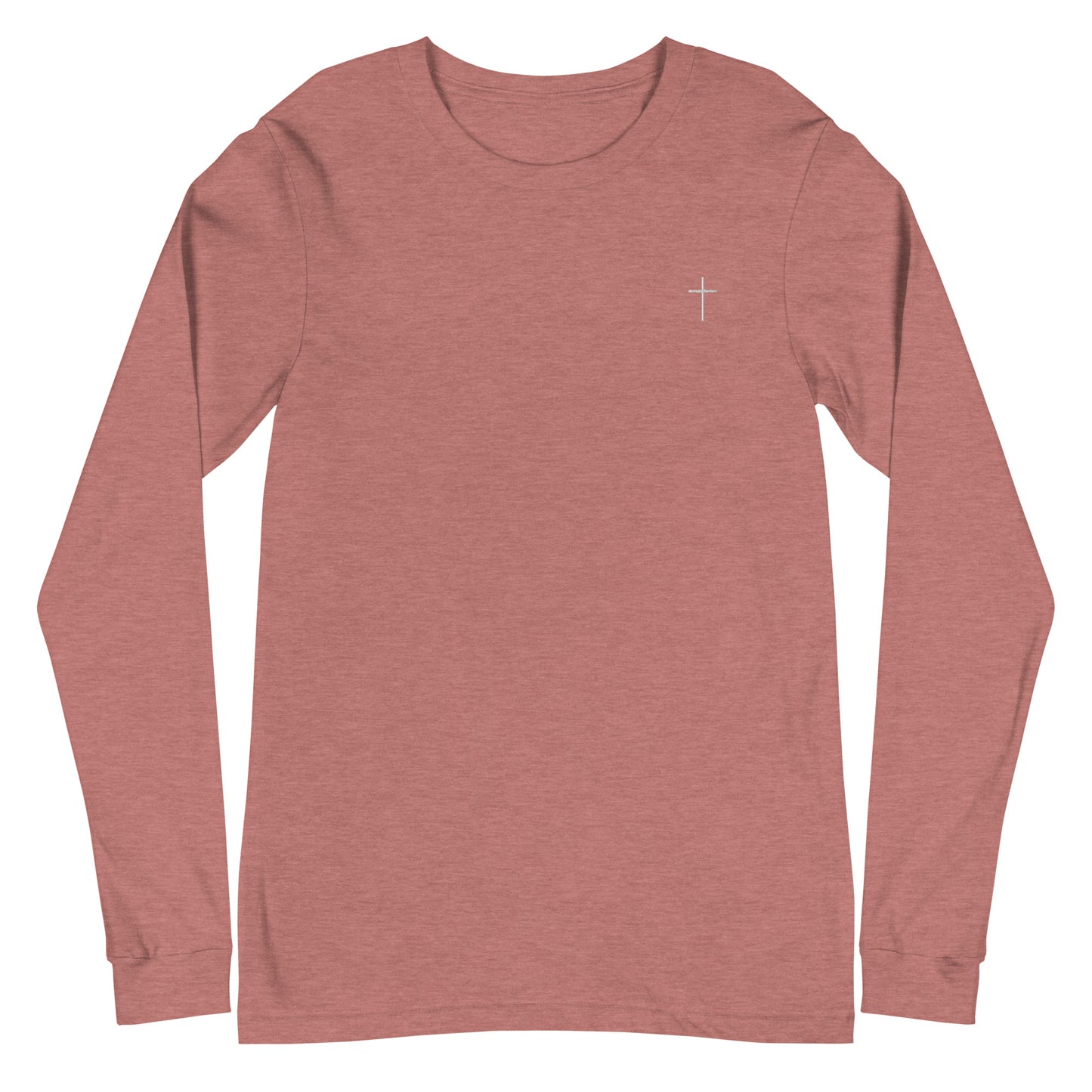 A classic unisex long sleeve Christian t-shirt features an embroidered white cross on the upper left chest of the shirt.