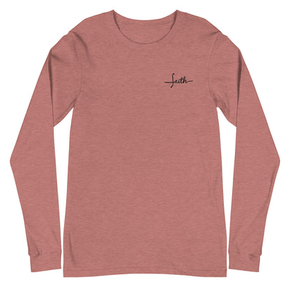 This custom Christian long sleeve t-shirt has the word Faith embroidered in black thread on the top left chest, the word faith is embroidered in a cursive font.