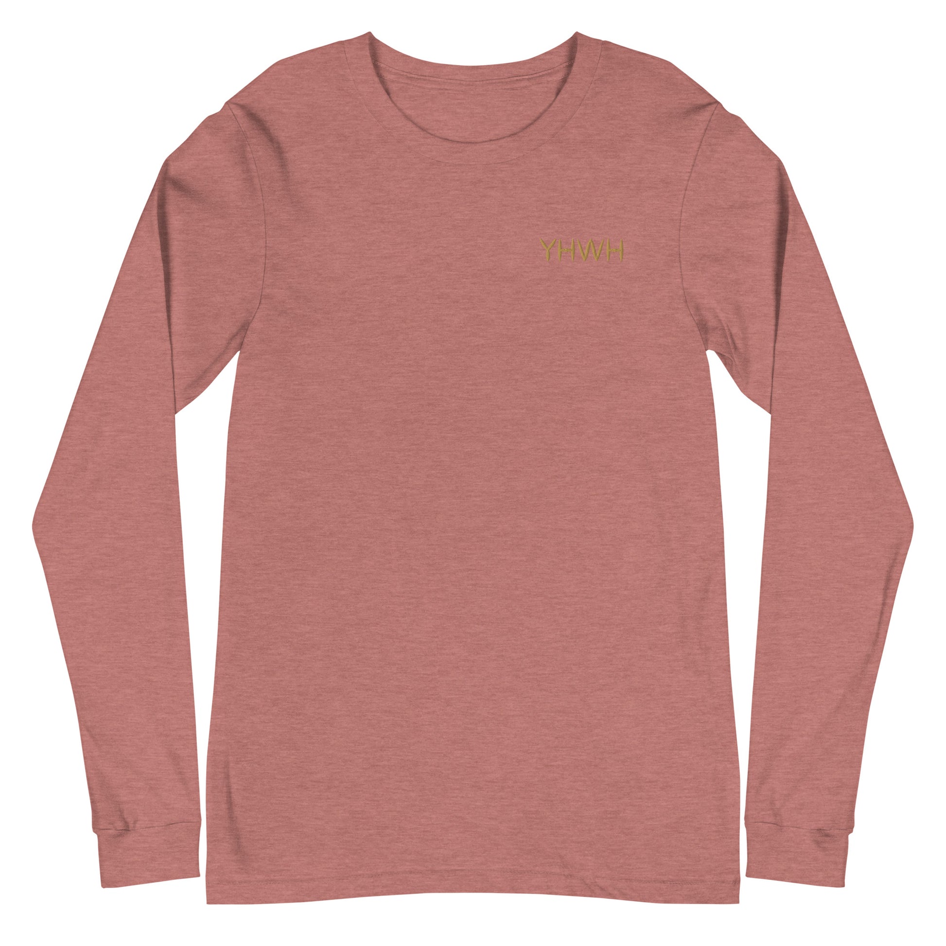 This custom embroidered Christian long sleeve t-shirt features the letters YHWH embroidered on the top left chest in gold thread, giving a touch of elegance to a classic look.