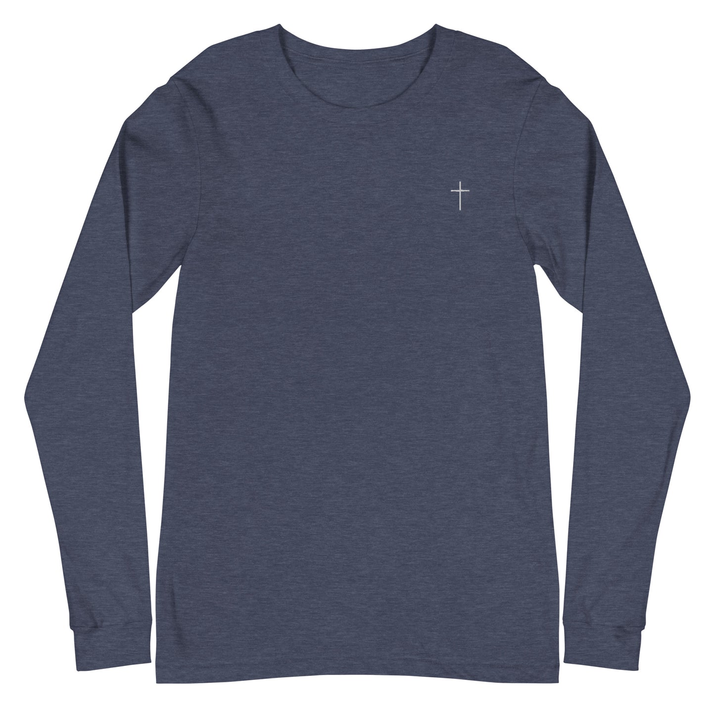 A classic unisex long sleeve Christian t-shirt features an embroidered white cross on the upper left chest of the shirt.