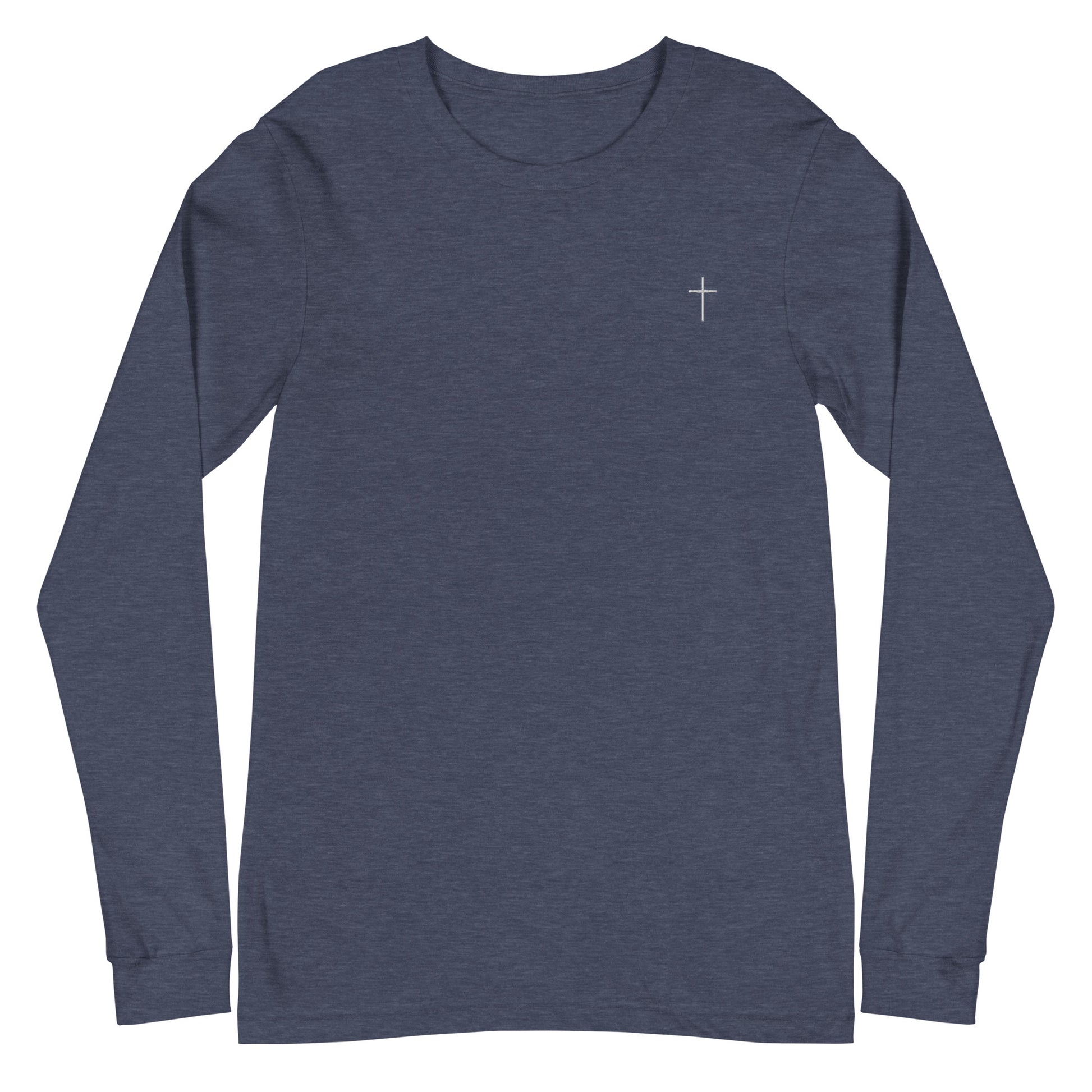 A classic unisex long sleeve Christian t-shirt features an embroidered white cross on the upper left chest of the shirt.