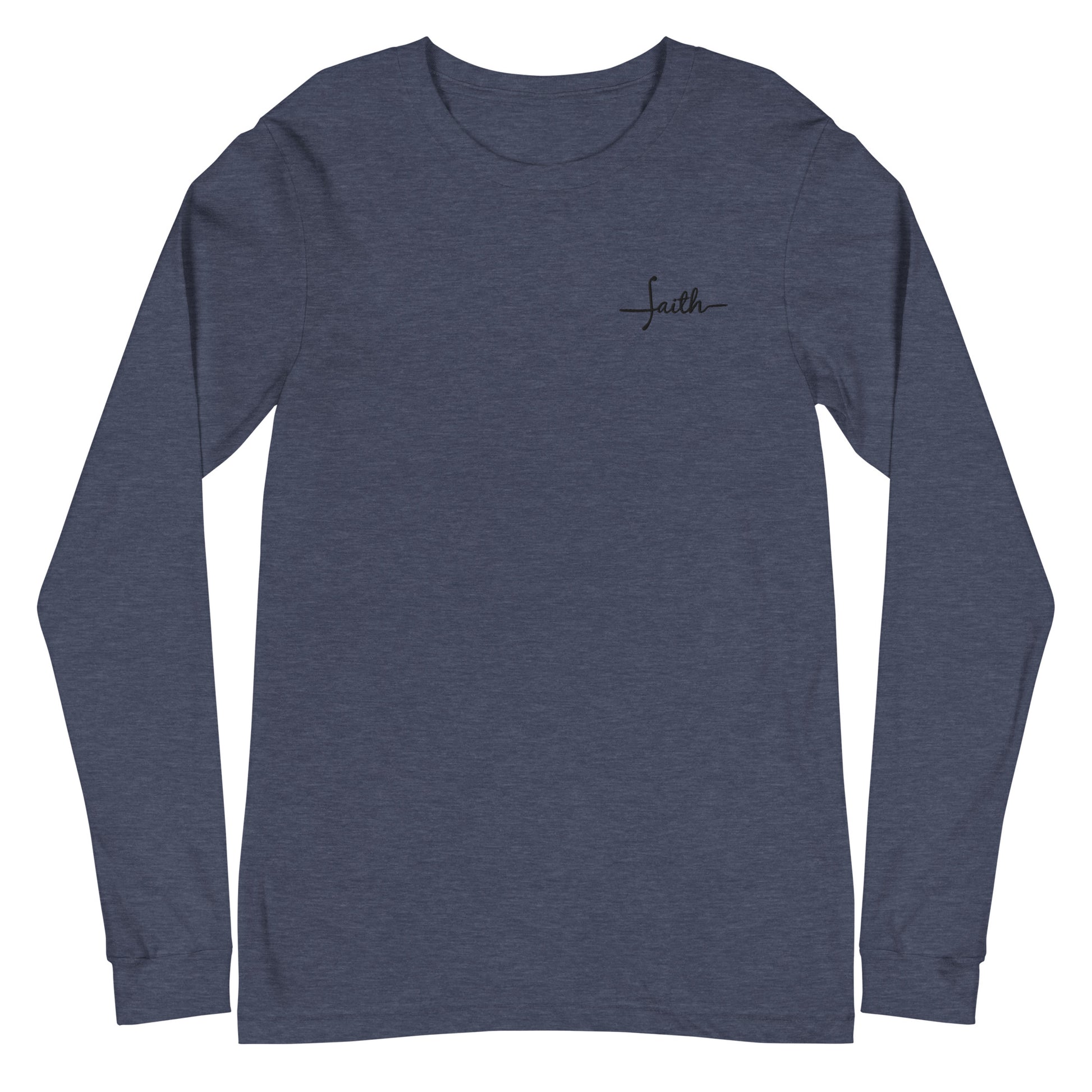 This custom Christian long sleeve t-shirt has the word Faith embroidered in black thread on the top left chest, the word faith is embroidered in a cursive font.