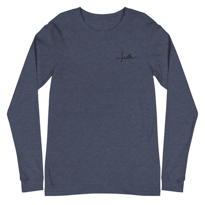 This custom Christian long sleeve t-shirt has the word Faith embroidered in black thread on the top left chest, the word faith is embroidered in a cursive font.