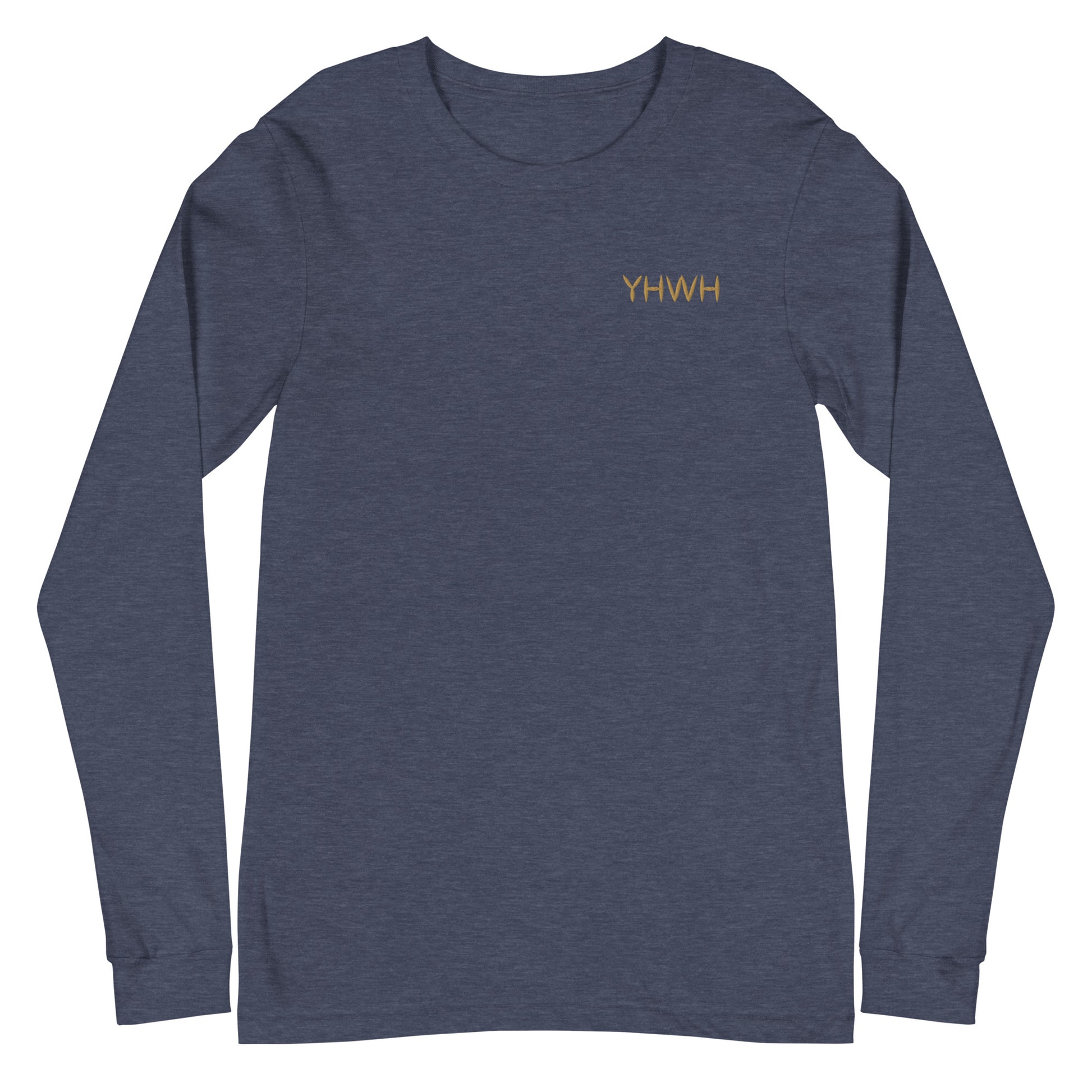 This custom embroidered Christian long sleeve t-shirt features the letters YHWH embroidered on the top left chest in gold thread, giving a touch of elegance to a classic look.