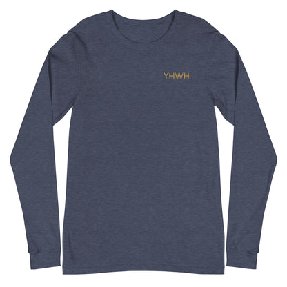 This custom embroidered Christian long sleeve t-shirt features the letters YHWH embroidered on the top left chest in gold thread, giving a touch of elegance to a classic look.
