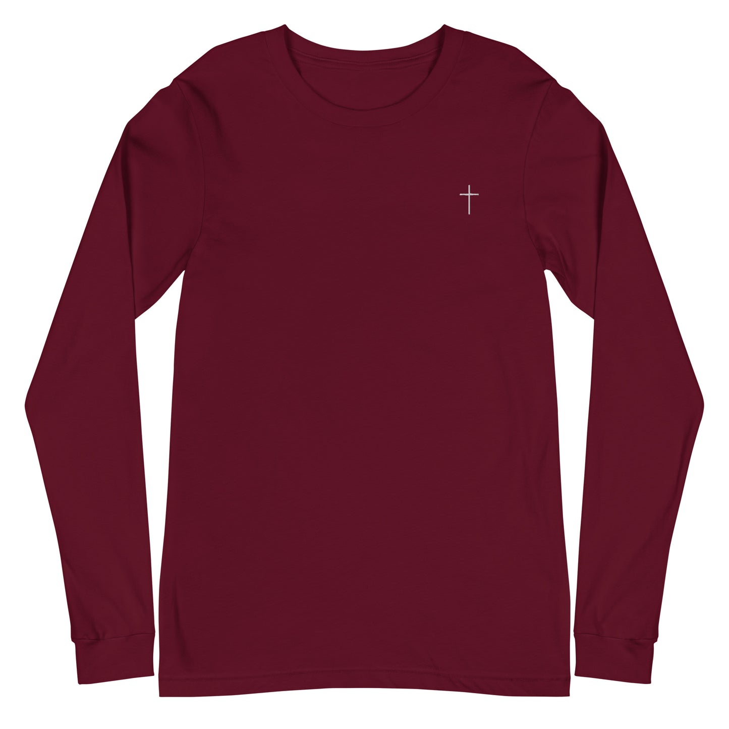 A classic unisex long sleeve Christian t-shirt features an embroidered white cross on the upper left chest of the shirt.