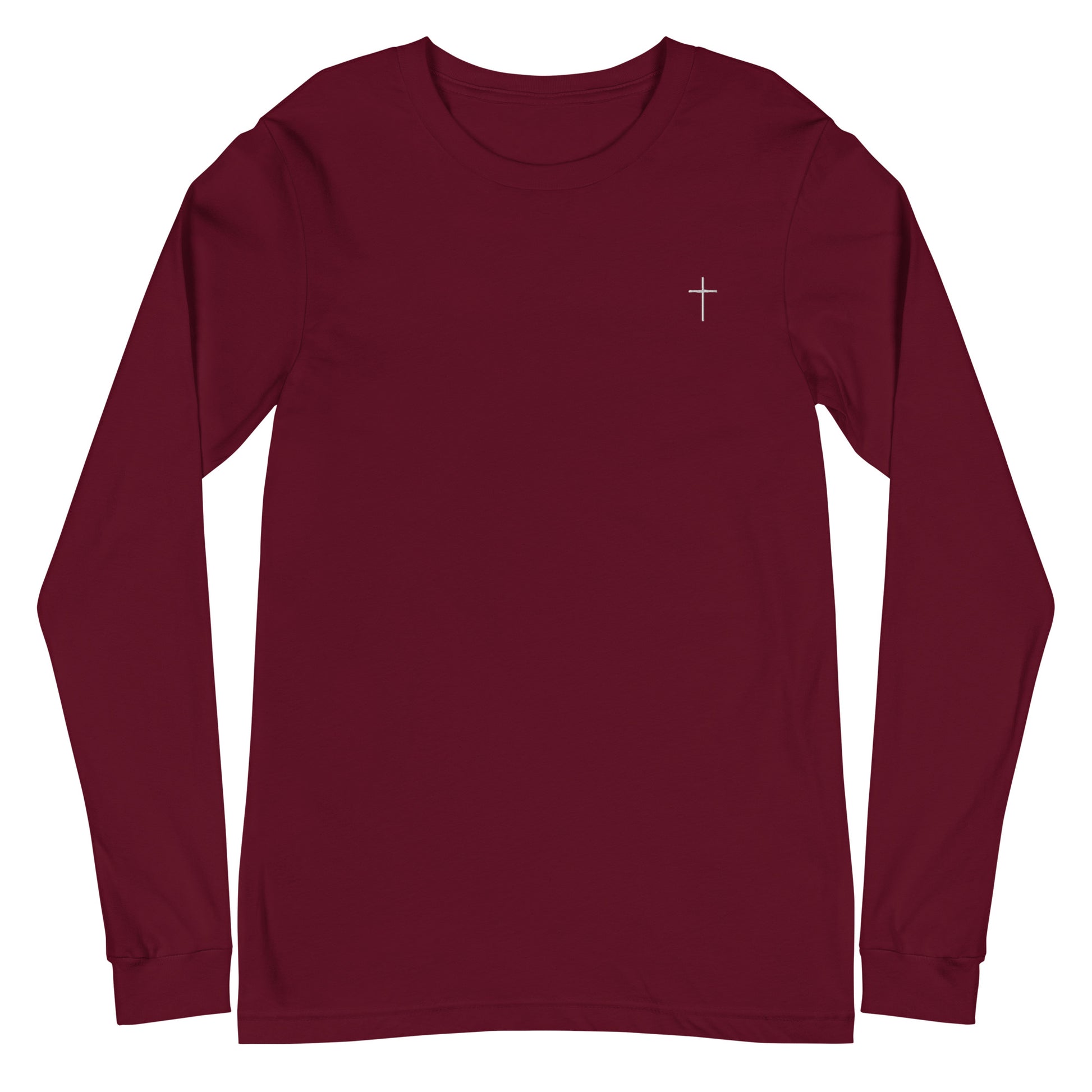 A classic unisex long sleeve Christian t-shirt features an embroidered white cross on the upper left chest of the shirt.