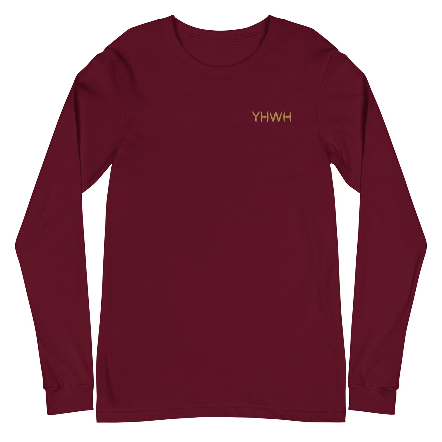 This custom embroidered Christian long sleeve t-shirt features the letters YHWH embroidered on the top left chest in gold thread, giving a touch of elegance to a classic look.