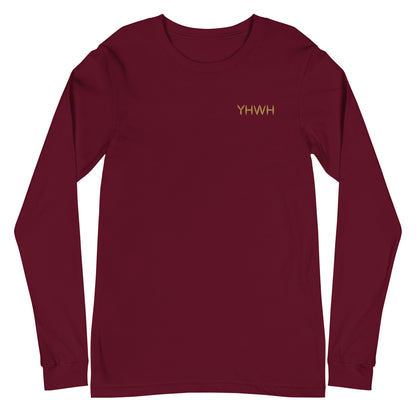 This custom embroidered Christian long sleeve t-shirt features the letters YHWH embroidered on the top left chest in gold thread, giving a touch of elegance to a classic look.