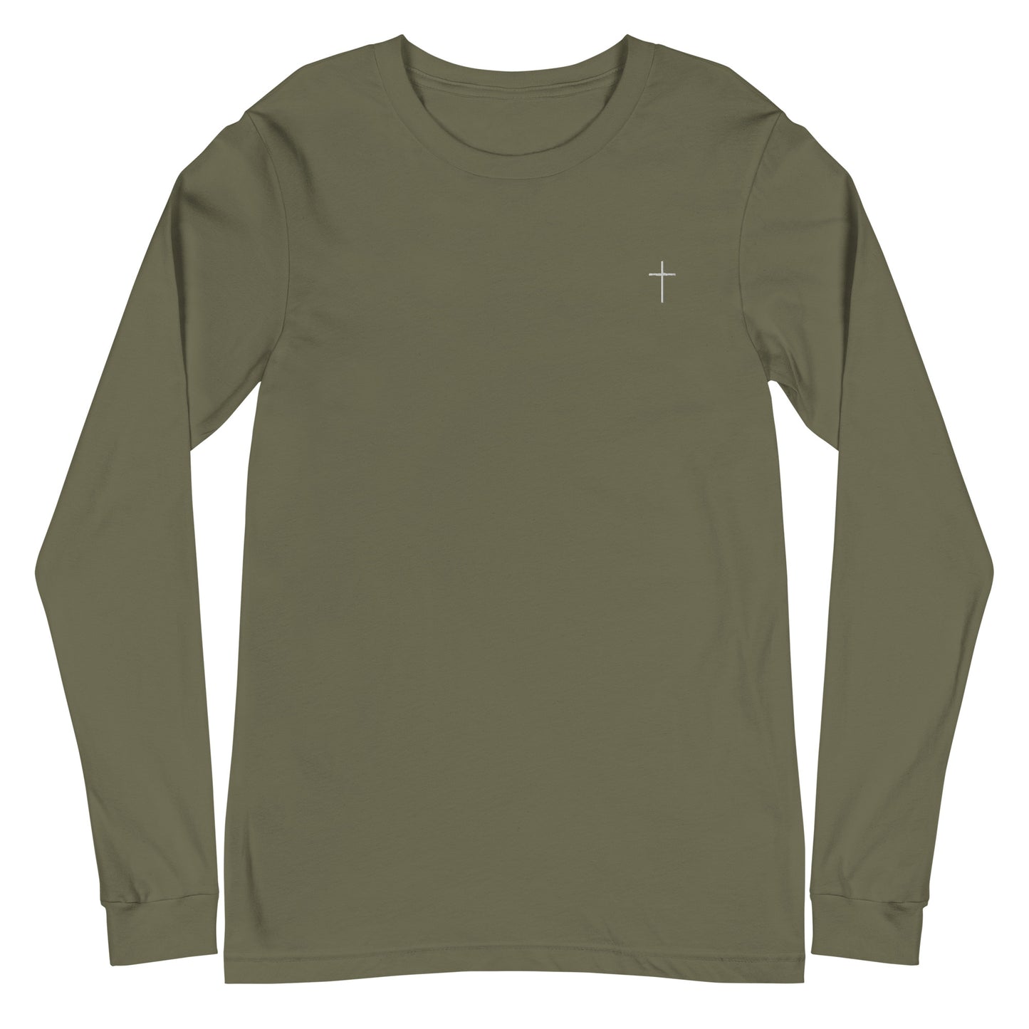 A classic unisex long sleeve Christian t-shirt features an embroidered white cross on the upper left chest of the shirt.