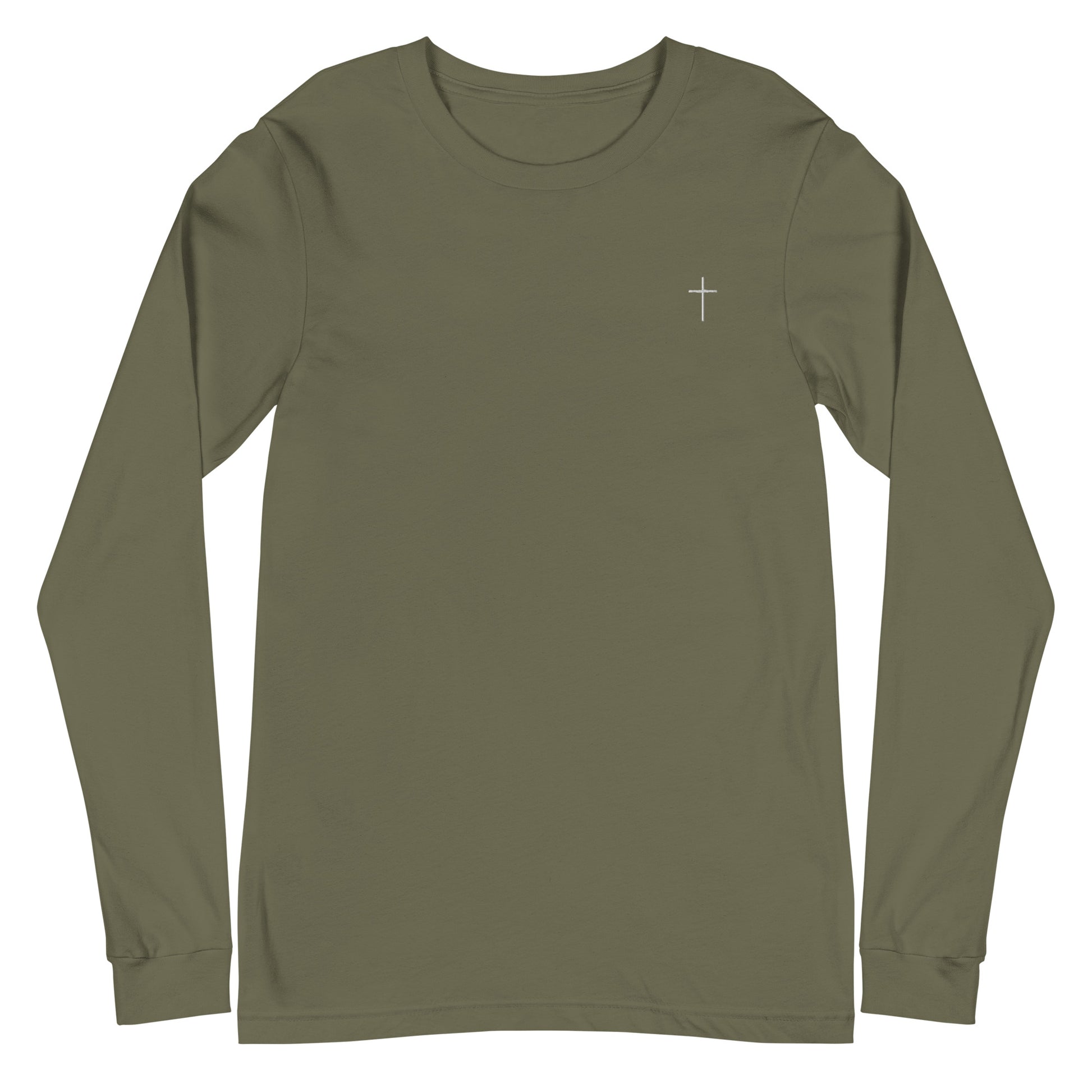 A classic unisex long sleeve Christian t-shirt features an embroidered white cross on the upper left chest of the shirt.