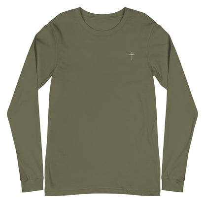 A classic unisex long sleeve Christian t-shirt features an embroidered white cross on the upper left chest of the shirt.