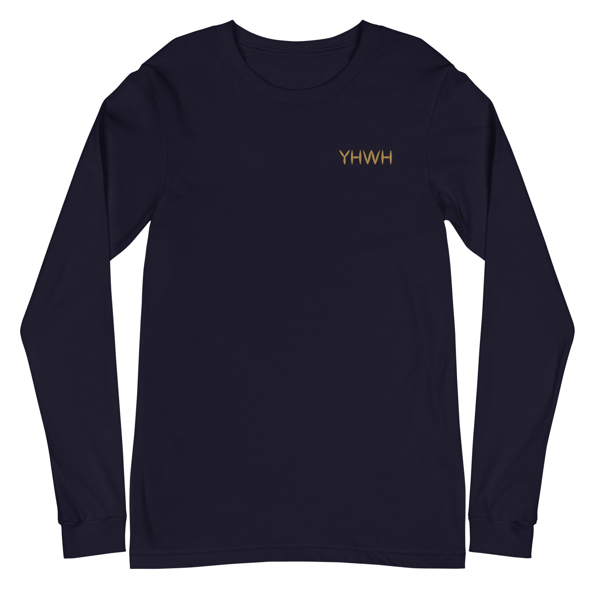 This custom embroidered Christian long sleeve t-shirt features the letters YHWH embroidered on the top left chest in gold thread, giving a touch of elegance to a classic look.